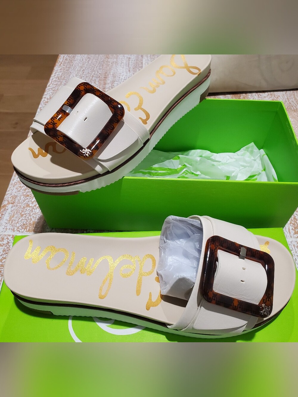 Sam Edelman Cream Slide Sandals with Tortoiseshell Buckle